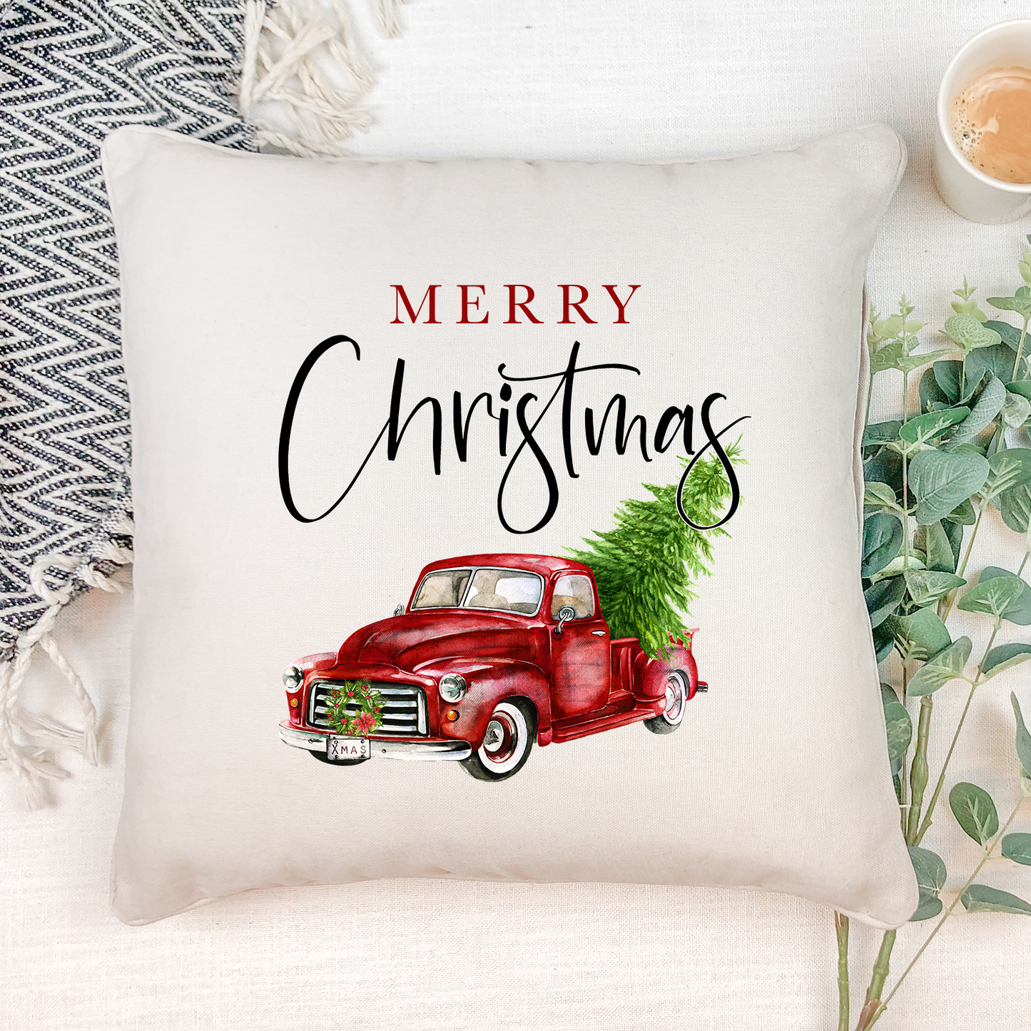 Merry Christmas Red Truck Pillow